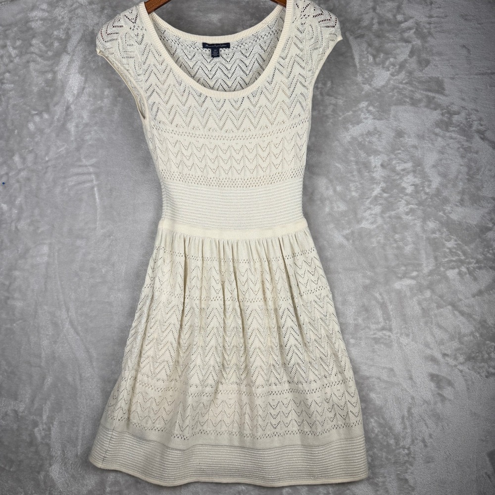 American Eagle Ivory Metallic Pointelle Knit Fit Flare Dress Small Chevron Boho
